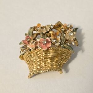 Vintage Signed BSK My Fair Lady Brooch Flower Basket Gold Tone Enamel Rhinestone